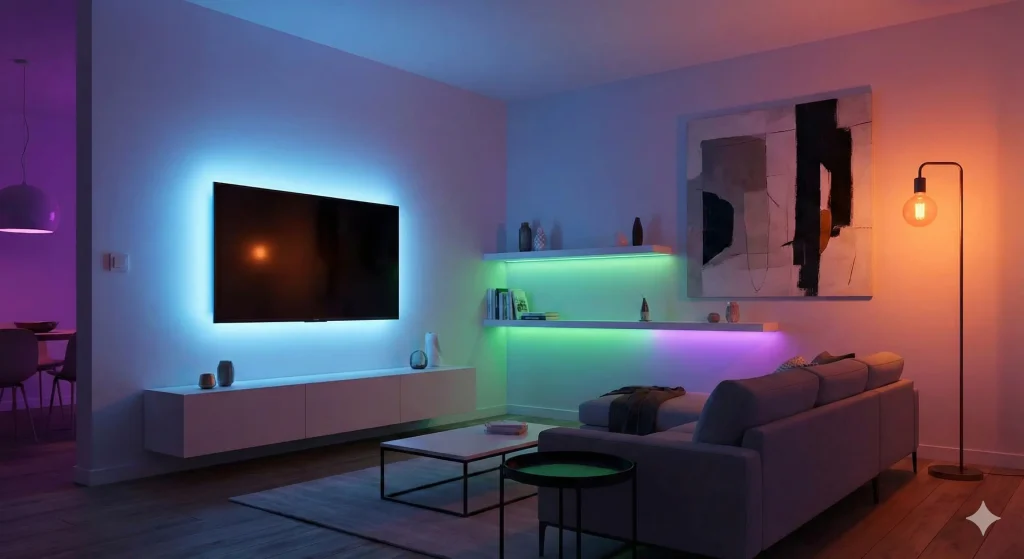 modern living room with LED smart lights